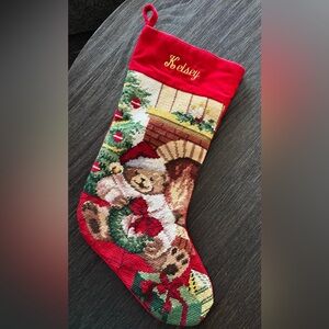 Personalized Red Christmas Stocking with Bear and Fireplace Design